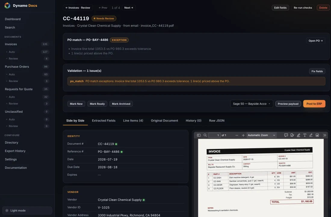 DynamoDocs review screen: a flagged invoice with a PO-match exception, extracted fields side by side with the original PDF